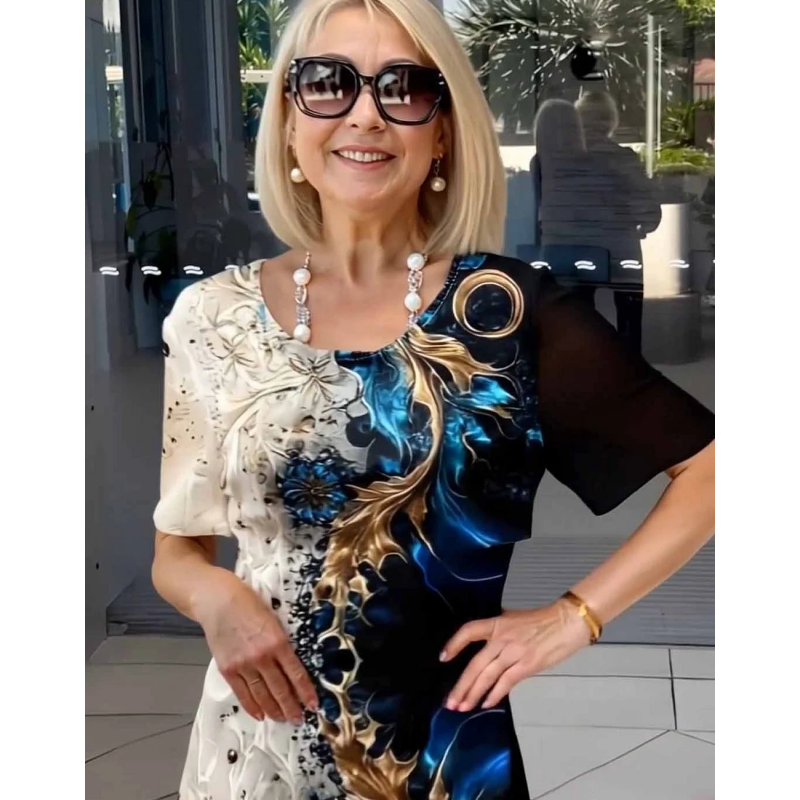 Women's Summer Floral Print Round Neck A-Line Short Sleeve Dress