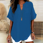 💎 Fashion Loose Short Sleeve Top – Notched V-Neck, Asymmetrical Hem & Lightweight Fabric (5 Colors, S–2XL) 👕🌸