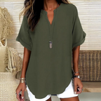 💎 Fashion Loose Short Sleeve Top – Notched V-Neck, Asymmetrical Hem & Lightweight Fabric (5 Colors, S–2XL) 👕🌸