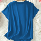 💎 Fashion Loose Short Sleeve Top – Notched V-Neck, Asymmetrical Hem & Lightweight Fabric (5 Colors, S–2XL) 👕🌸