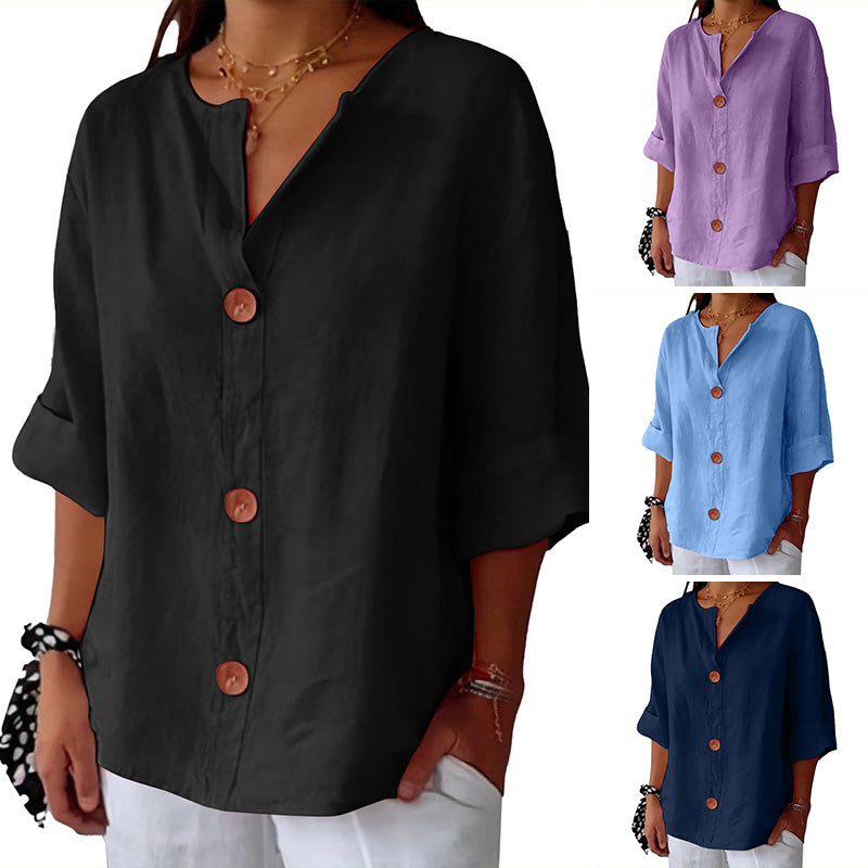 💓Women's Loose V-Neck Top with Buttons and 3/4 Sleeves