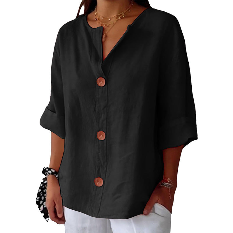 💓Women's Loose V-Neck Top with Buttons and 3/4 Sleeves