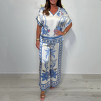 Women’s Elegant Printed V-Neck Tops ＆ Pants 2-Piece Set
