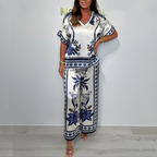 Women’s Elegant Printed V-Neck Tops ＆ Pants 2-Piece Set