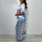 Women’s Elegant Printed V-Neck Tops ＆ Pants 2-Piece Set