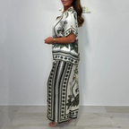 Women’s Elegant Printed V-Neck Tops ＆ Pants 2-Piece Set