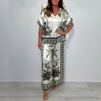 Women’s Elegant Printed V-Neck Tops ＆ Pants 2-Piece Set