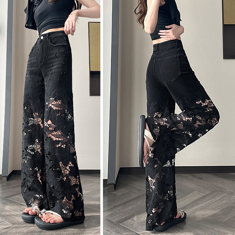 💜Women’s Spliced Hot Rhinestones Printing Hollow Pants