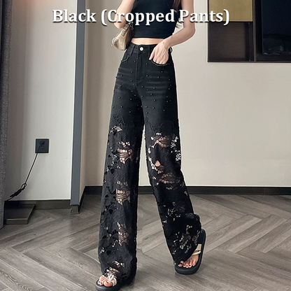 💜Women’s Spliced Hot Rhinestones Printing Hollow Pants