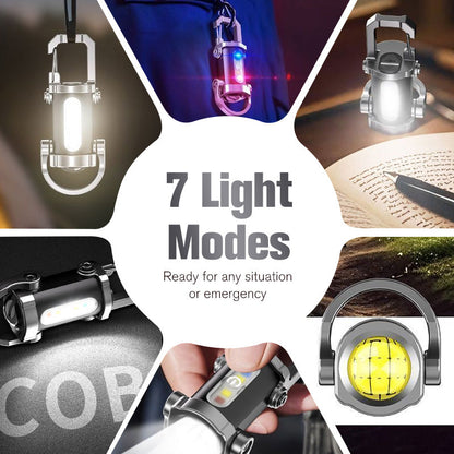 🔦💡 Keychain Flashlight – LED+COB dual light, 7 modes for every need. Ultra-light 29g – clip it on your keys or jacket. Never be caught in the dark again – safe walks, every time! 🚶✅