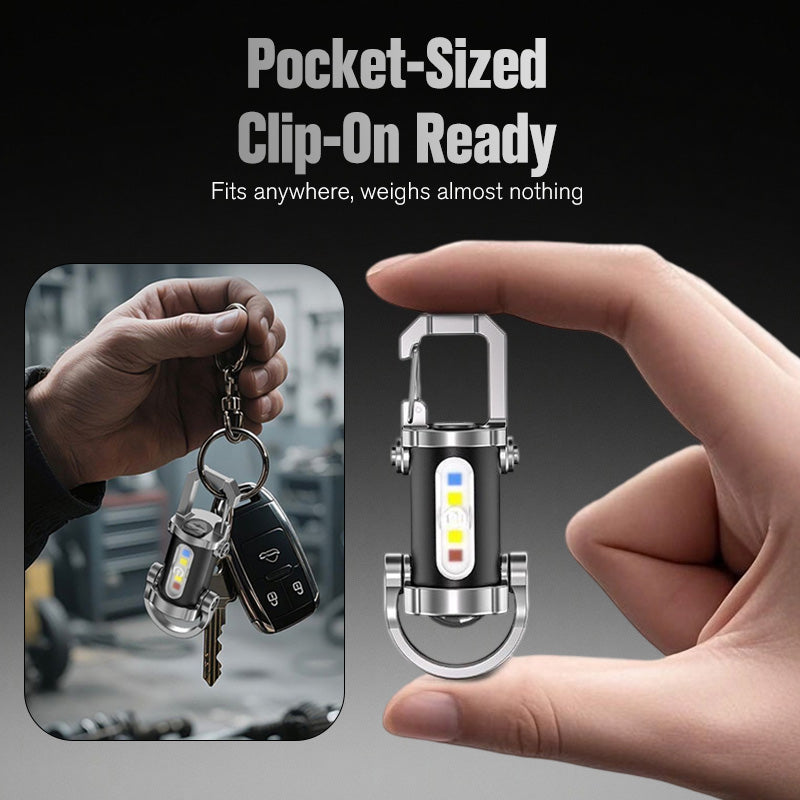 🔦💡 Keychain Flashlight – LED+COB dual light, 7 modes for every need. Ultra-light 29g – clip it on your keys or jacket. Never be caught in the dark again – safe walks, every time! 🚶✅