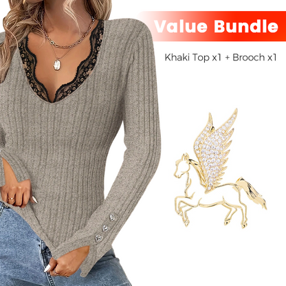 Value Bundle: Lace Detail V-Neck Top for Women + Brooch