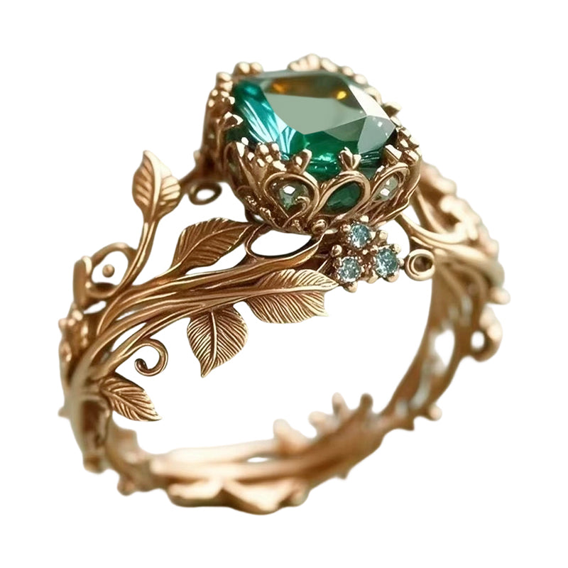 ✨💖Green Synthetic Crystal Ring with Intricate Leaf💍