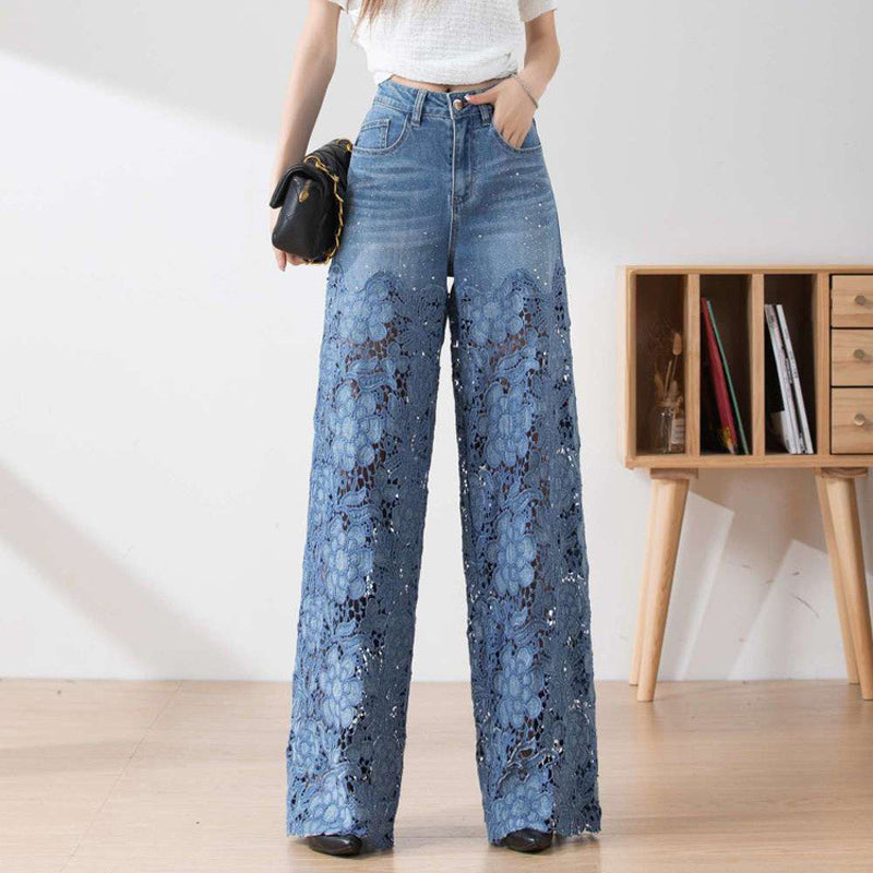 Women's High-Waisted Blue Denim Wide-Leg Pants with Cut-Out Lace Panels