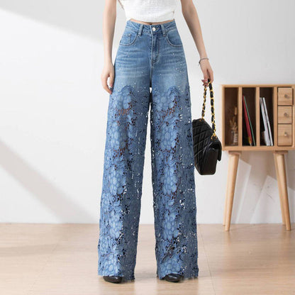 Women's High-Waisted Blue Denim Wide-Leg Pants with Cut-Out Lace Panels