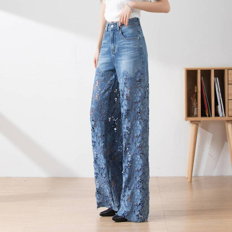 Women's High-Waisted Blue Denim Wide-Leg Pants with Cut-Out Lace Panels
