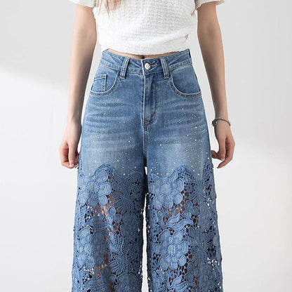 Women's High-Waisted Blue Denim Wide-Leg Pants with Cut-Out Lace Panels