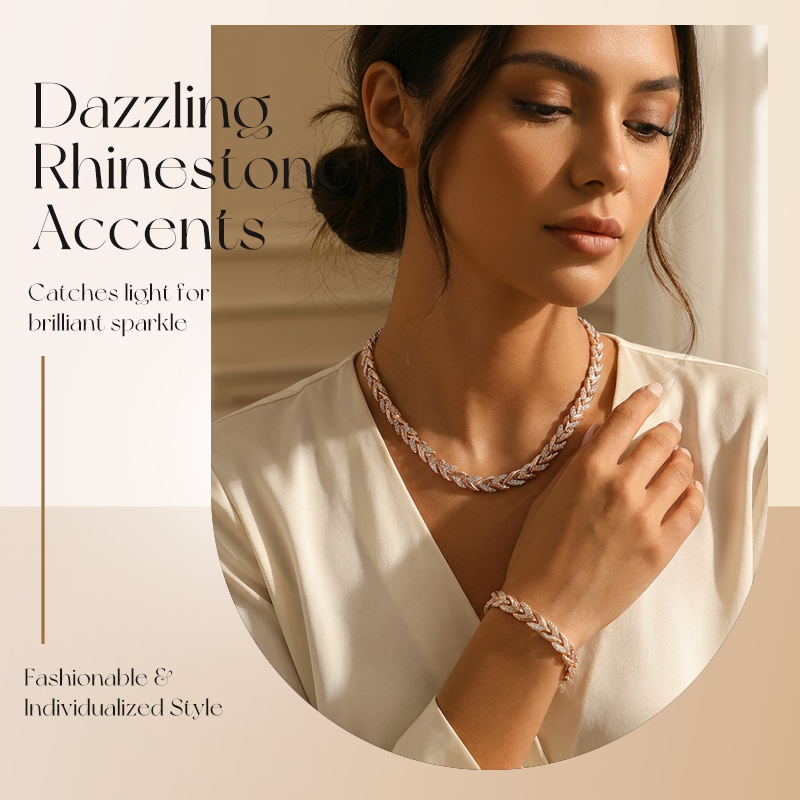 Adjustable Rhinestone Leaf Link Necklace & Bracelet Set
