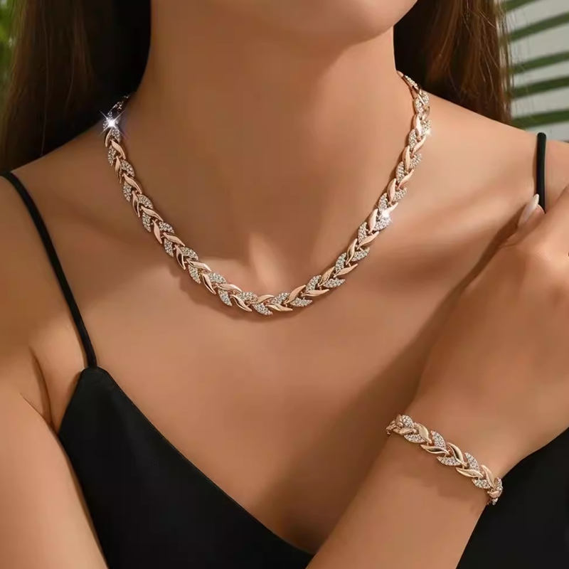 Adjustable Rhinestone Leaf Link Necklace & Bracelet Set