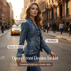 🧥 Women's Ruffle Trim Open-Front Denim Jacket – Lightweight, feminine & versatile – chic for any outfit 👗