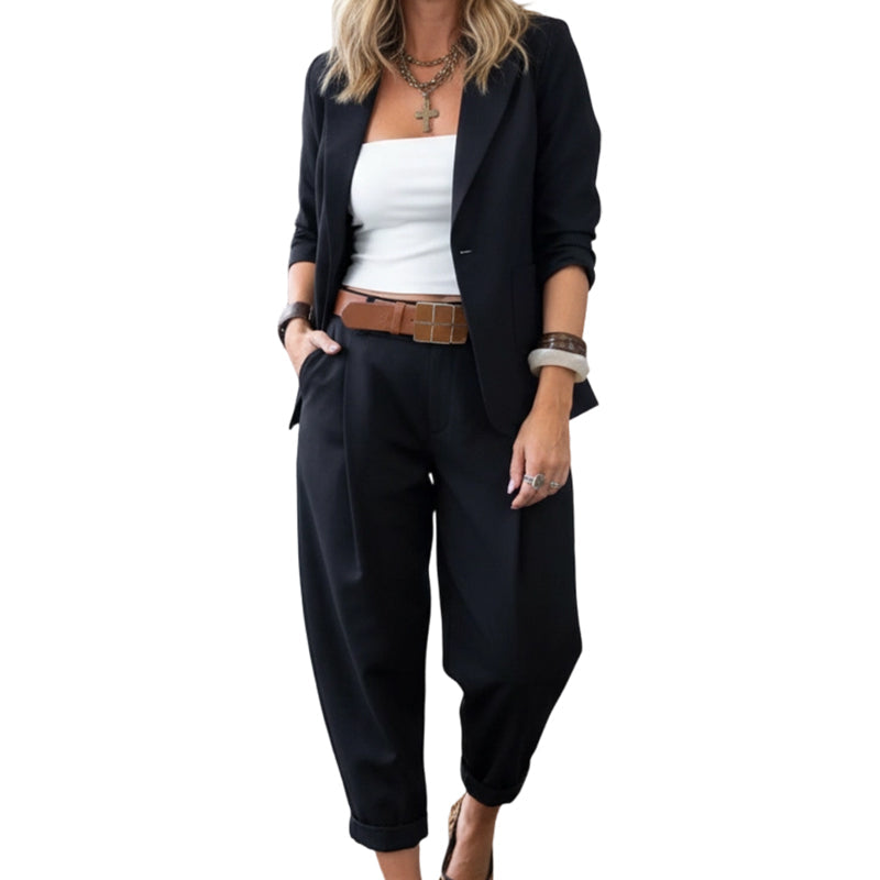 Women's Tapered Pants & Blazer Set – Open-front design, relaxed fit. Neutral colors pair with anything. Effortless elegance for any occasion.