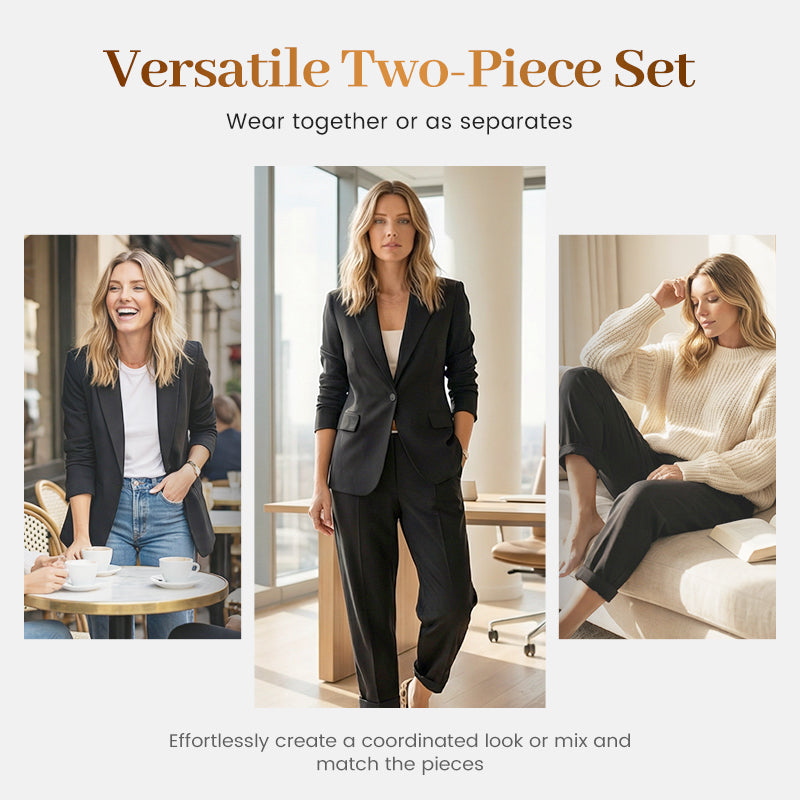 Women's Tapered Pants & Blazer Set – Open-front design, relaxed fit. Neutral colors pair with anything. Effortless elegance for any occasion.