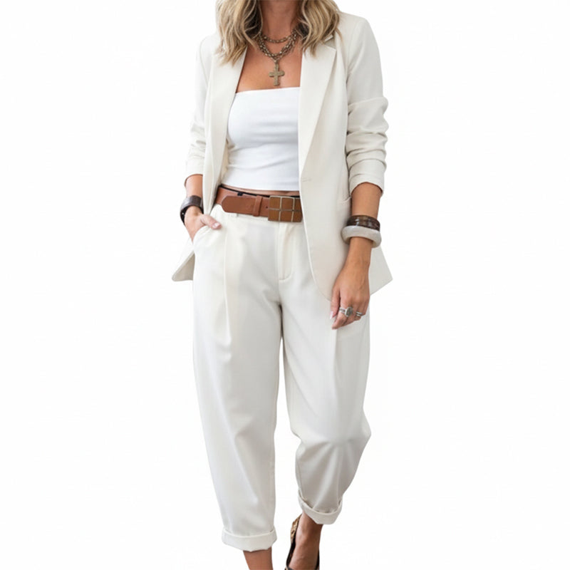 Women's Tapered Pants & Blazer Set – Open-front design, relaxed fit. Neutral colors pair with anything. Effortless elegance for any occasion.