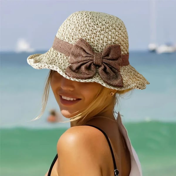 Straw Hat with Retro Bow – Foldable & Breathable for Summer