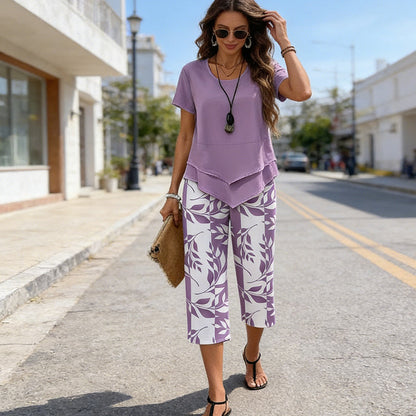 🔥Women's 2-Piece Set – Layered Asymmetrical Tunic Top & Printed Wide Leg Pants, Breathable Polyester ✨