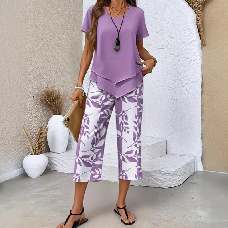🔥Women's 2-Piece Set – Layered Asymmetrical Tunic Top & Printed Wide Leg Pants, Breathable Polyester ✨