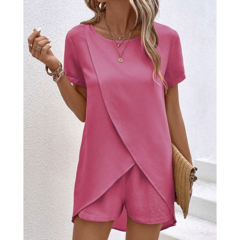 Women's Solid Color Irregular Top & Shorts Two Piece Set