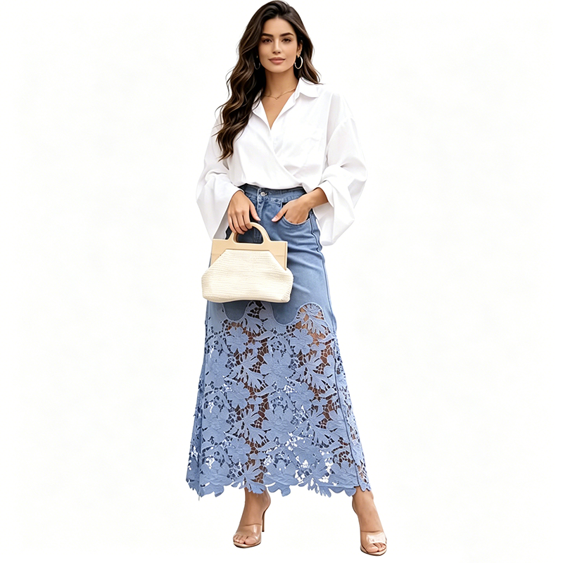 💥Women's Denim Bodycon Skirt with Hollow Lace Trim💙