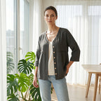 Women's V-Neck Lace Trim Button-Down Blouse