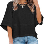 ✨Women's Solid Color Splicing Loose Five Points Flare Sleeve T-Shirt