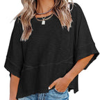 ✨Women's Solid Color Splicing Loose Five Points Flare Sleeve T-Shirt