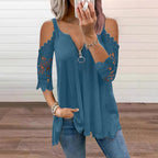 Must-Have🔥 Lace Cold Shoulder Top with Zipper – Edgy Detail & Breathable Fabric for Effortless Style ✨