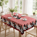 🐓 Farmhouse Rooster Tablecloth – Red Buffalo Plaid Chicken Table Cover, Spill Proof & Scalloped Lace Edge ✨