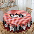 🐓 Farmhouse Rooster Tablecloth – Red Buffalo Plaid Chicken Table Cover, Spill Proof & Scalloped Lace Edge ✨