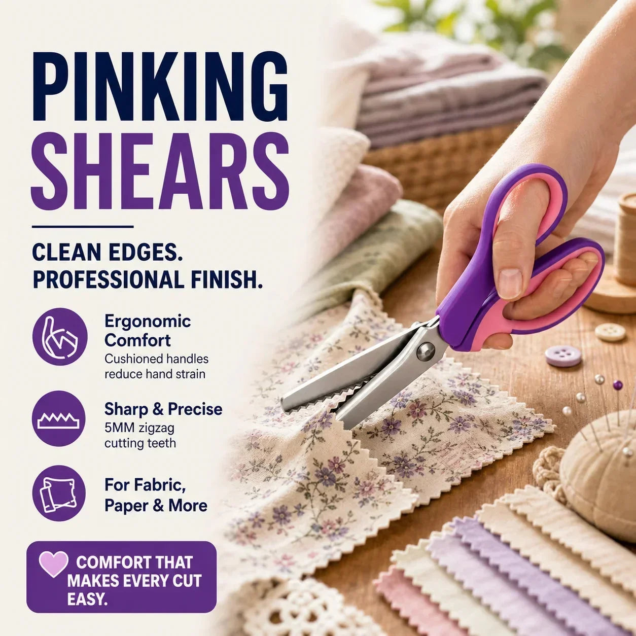 🧵 Premium Stainless Steel Pinking Shears – Ergonomic Soft-Grip, Zigzag Cut ✂️