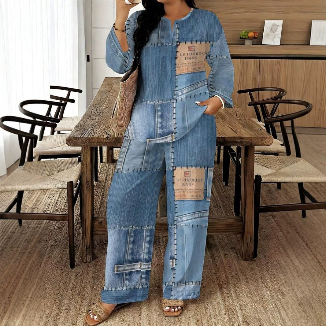 🎨 Denim Look, Lighter Feel | Women's Patchwork Wide-Leg 2-Piece Set