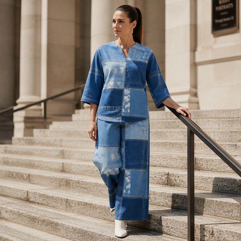 🎨 Denim Look, Lighter Feel | Women's Patchwork Wide-Leg 2-Piece Set