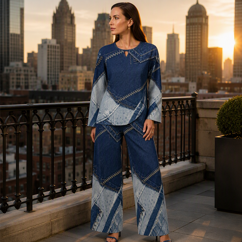 🎨 Denim Look, Lighter Feel | Women's Patchwork Wide-Leg 2-Piece Set