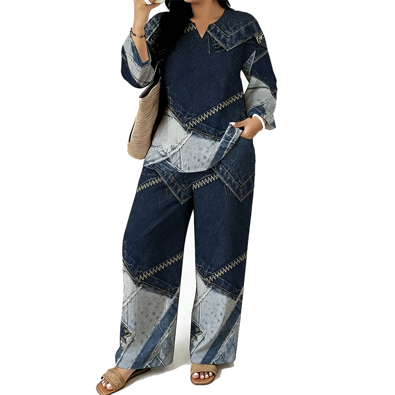 🎨 Denim Look, Lighter Feel | Women's Patchwork Wide-Leg 2-Piece Set