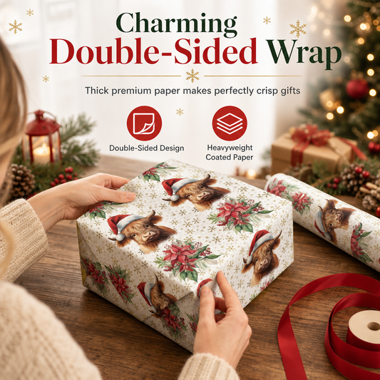 🎄🐮 Reversible Christmas Highland Cow Gift Wrapping Paper Roll – Thick Tear‑Resistant Craft Paper, 2 Festive Designs in 1 Roll (43cm×5m) 🎁