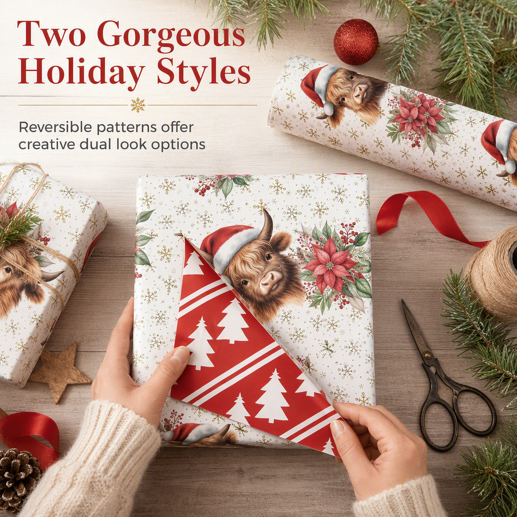 🎄🐮 Reversible Christmas Highland Cow Gift Wrapping Paper Roll – Thick Tear‑Resistant Craft Paper, 2 Festive Designs in 1 Roll (43cm×5m) 🎁
