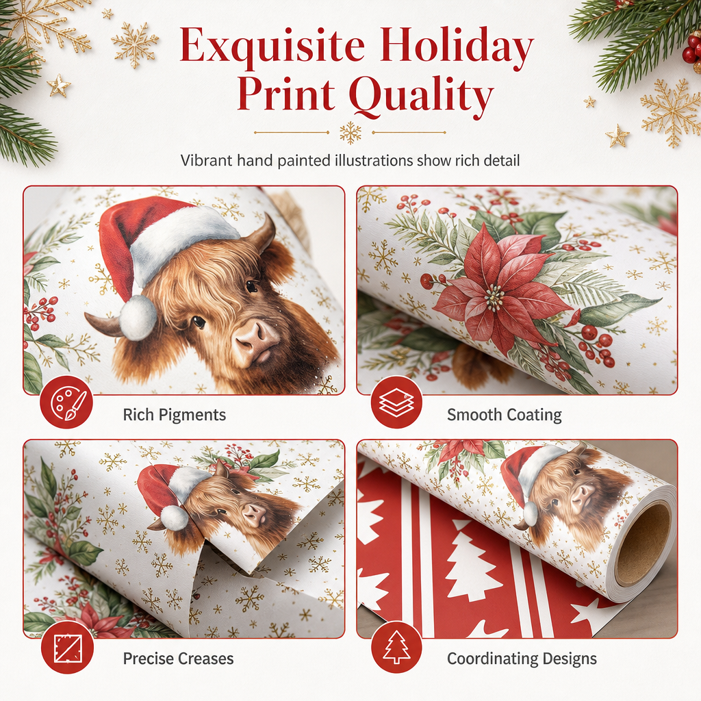 🎄🐮 Reversible Christmas Highland Cow Gift Wrapping Paper Roll – Thick Tear‑Resistant Craft Paper, 2 Festive Designs in 1 Roll (43cm×5m) 🎁