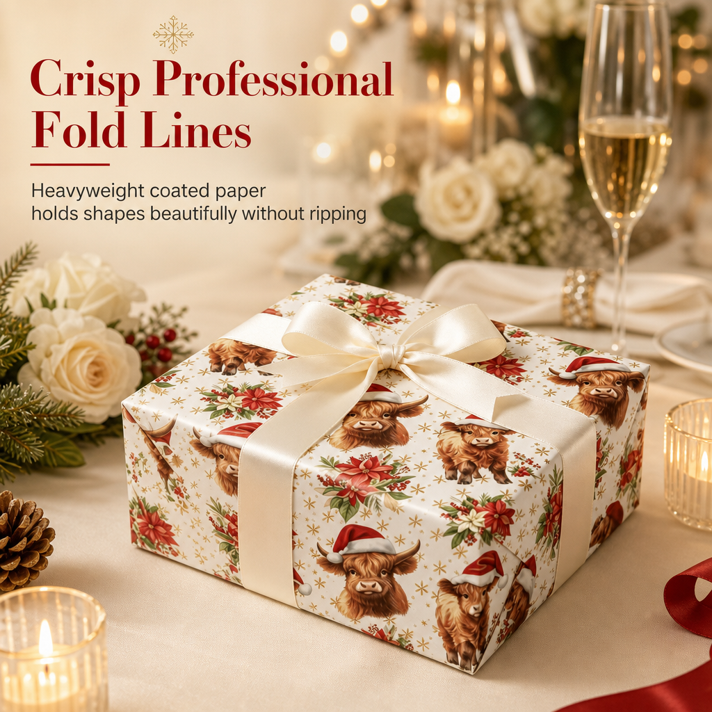 🎄🐮 Reversible Christmas Highland Cow Gift Wrapping Paper Roll – Thick Tear‑Resistant Craft Paper, 2 Festive Designs in 1 Roll (43cm×5m) 🎁