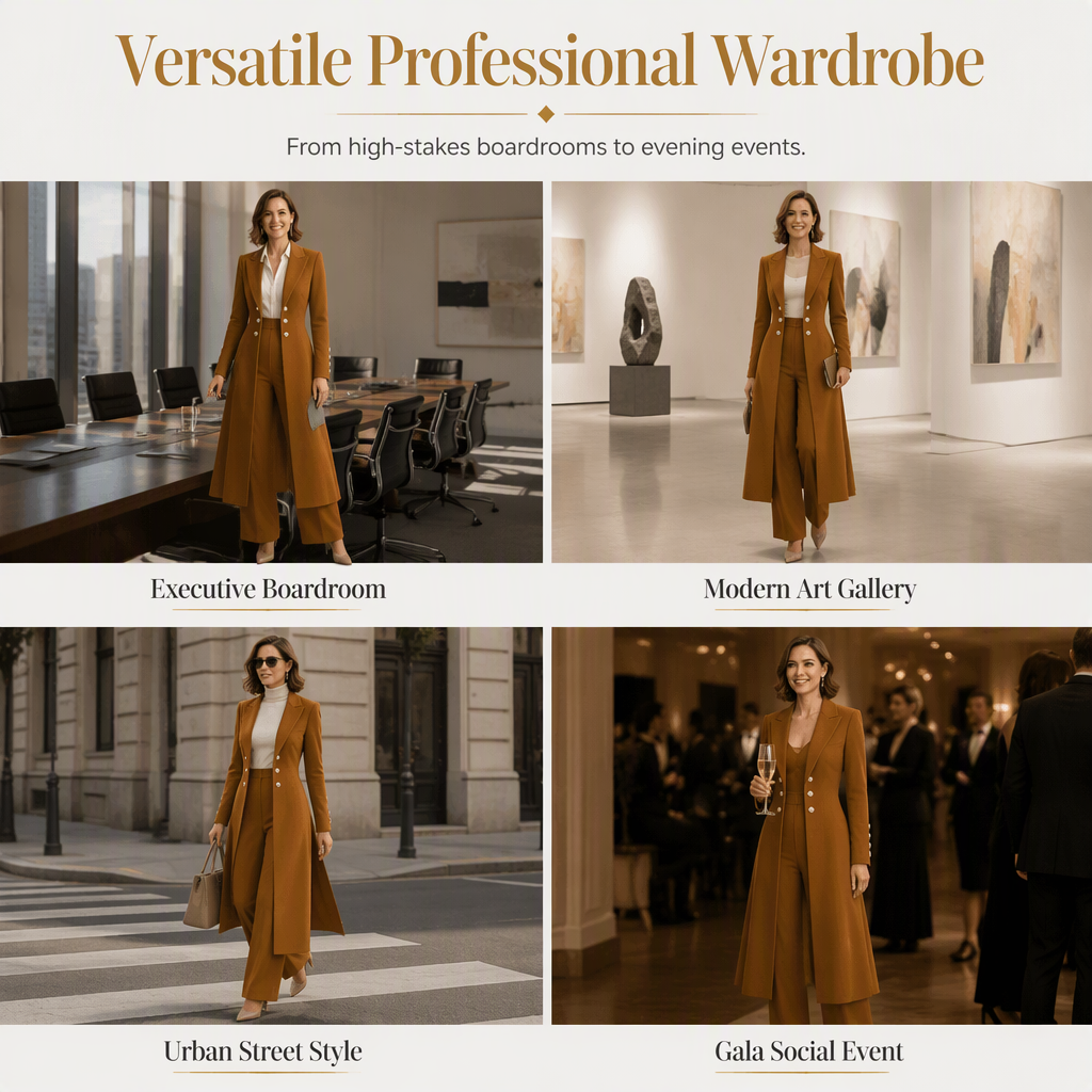 ✨ Women's Double-Breasted Knit Set – Elegant Long Coat + Straight Pants, Gold Buttons Chic Winter Look 💕
