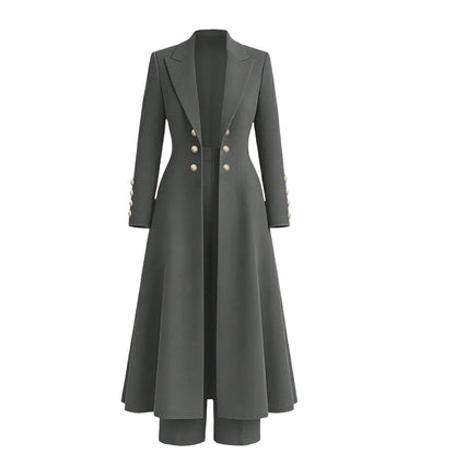 ✨ Women's Double-Breasted Knit Set – Elegant Long Coat + Straight Pants, Gold Buttons Chic Winter Look 💕