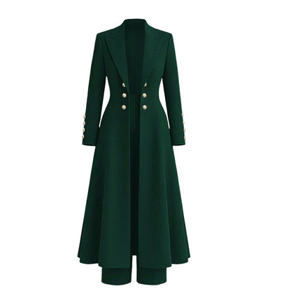 ✨ Women's Double-Breasted Knit Set – Elegant Long Coat + Straight Pants, Gold Buttons Chic Winter Look 💕